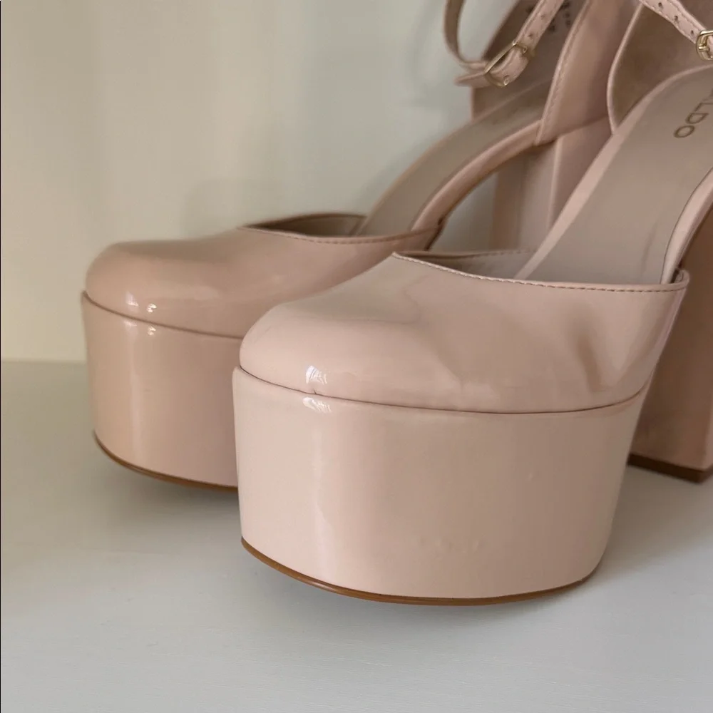 Aldo Nude Patent Platform Block Heel Pumps with Ankle Strap